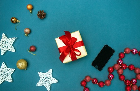 The top view of greeting card mock up template with Christmas decorations