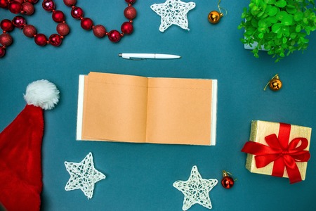 The top view of greeting card mock up template with Christmas decorationsの写真素材
