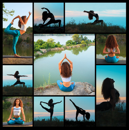 The collage from silhouettes of young woman is practicing yoga at sunsetの写真素材