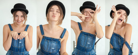 The portrait of pretty young funny woman in hat on white background. Collageの写真素材