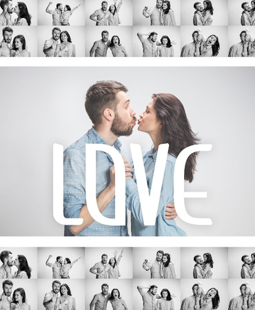 The funny man and woman communicating on a gray background. concept of love of couple. Collageの写真素材