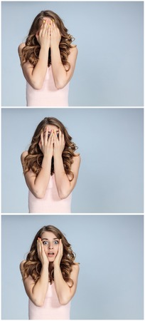 Portrait of young woman with shocked facial expression. girl covering face with hands. collage