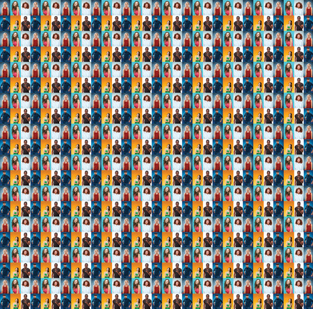 Portrait of young men, girls with different facial expression on color backgrounds. Collageの写真素材