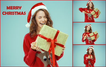Girl dressed in santa hat with a Christmas gifts. She looking at camera. Holiday concept with blue background. Collageの写真素材