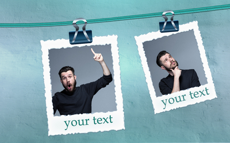 Portrait of young man with shocked facial expression over gray background. Collageの写真素材