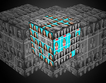 The young woman's portrait with different emotions on blue background. Collage as cube on blackの写真素材