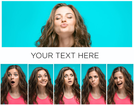 The young woman's portrait with different emotions on blue background. Collage