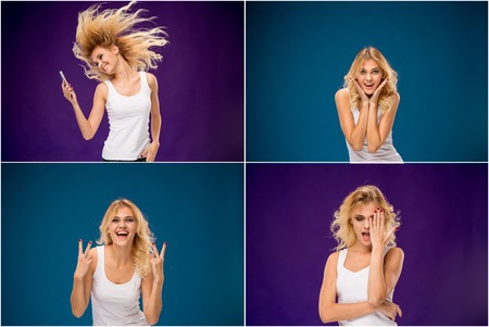 The young womans portrait with happy emotionsの写真素材