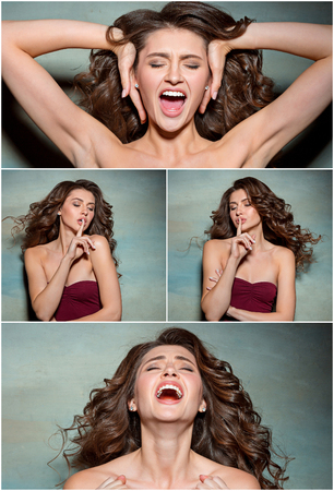 The young womans portrait with funny emotionsの写真素材