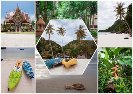 Beach on the tropical island. Thailand. Flowers. Collageの写真素材