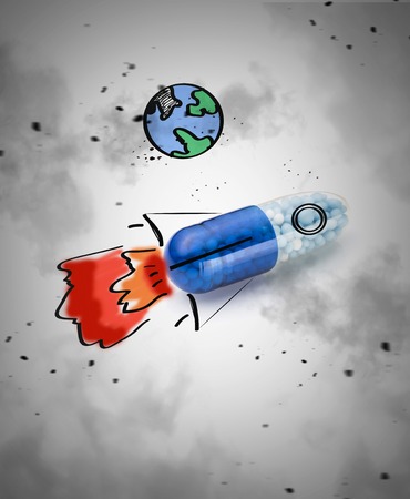 Blue capsules and pills backgroundの写真素材