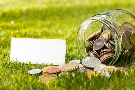 The coins at glass jar for money on green grassの写真素材