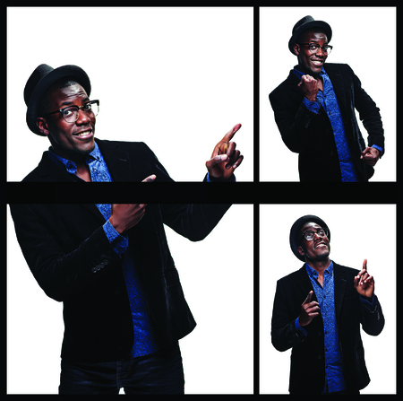 The collage from images of black man with happy expression
