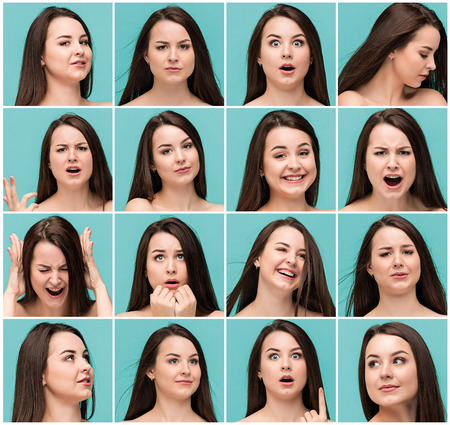 Set of young womans portraits with different happy emotionsの写真素材