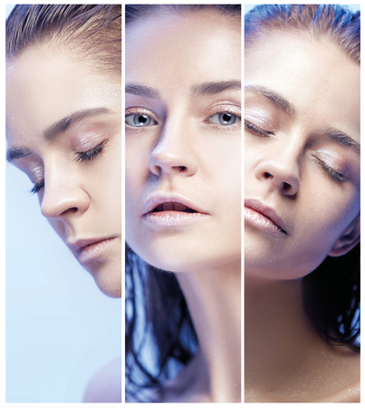 Beautiful woman face portrait close up on blueの写真素材