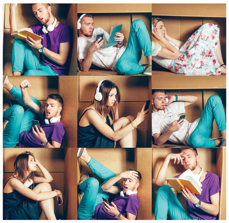 Introvert concept. Collage of man and women sitting inside boxの写真素材