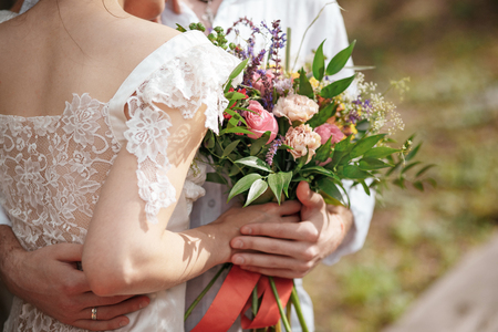 Wedding decoration in the style of boho, floral arrangement, decorated table in the garden.の写真素材