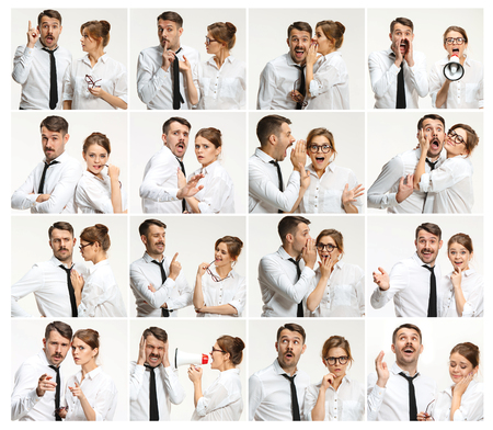 The collage from images of young man and woman on pink backgroundの写真素材