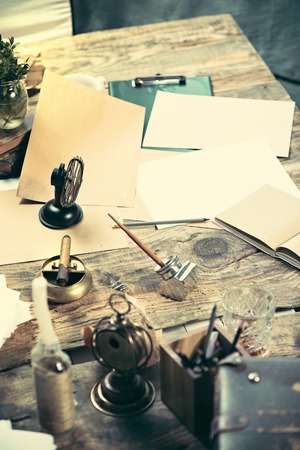 Vintage hipster wooden desktop top viewの写真素材