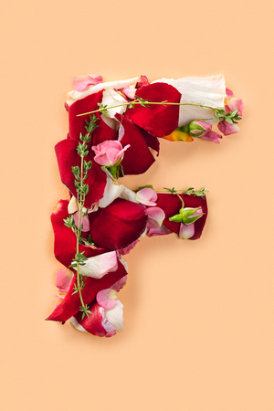 Letter F made from red roses and petals isolated on a white background Letter F made from red roses and petals isolated on a white background