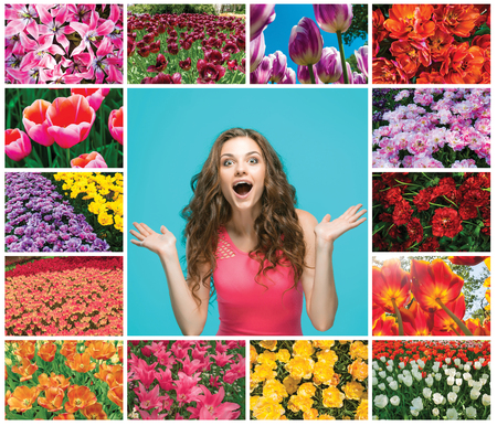 The collage with happy young woman and the meadow with flowers tulips, outdoorsの写真素材