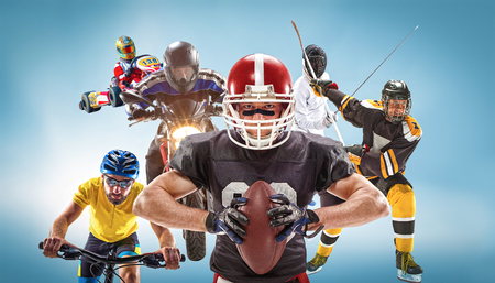The conceptual multi sports collage with american football, hockey, cyclotourism, fencing, motor sportの写真素材