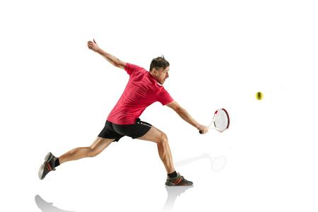 one caucasian man playing tennis player isolated on white backgroundの写真素材