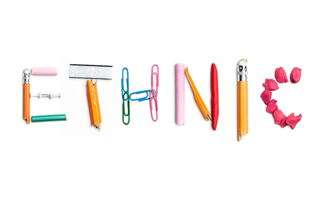 Concept of idea with colorful crumpled paper. The word ethnic created from office stationery. The...