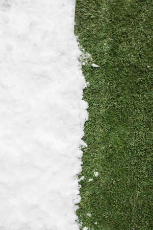 Meeting snow on green grass close up - between winter and spring concept backgroundの写真素材