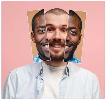 Collage from two images of smiling african and caucasian menの写真素材