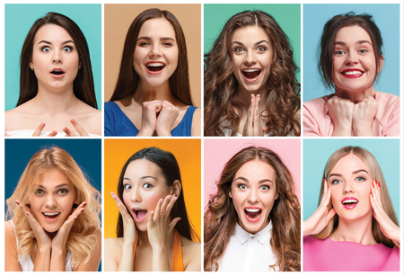 collage of photos of attractive smiling happy womenの写真素材