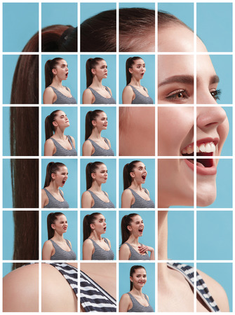 The collage of different human facial expressions, emotions and feelings.