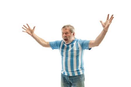 The Argentinean soccer fan celebrating on white backgroundの写真素材