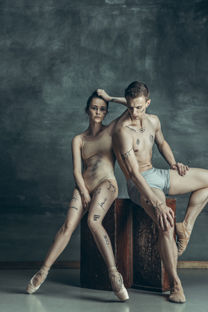 The young modern ballet dancers posing on gray studio backgroundの写真素材