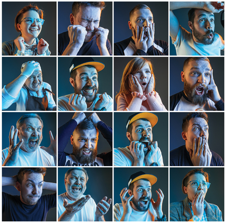 Collage about emotions of football fans watching soccer on tvの写真素材