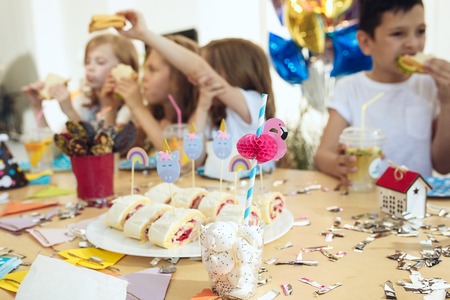Girl birthday decorations. table setting with cakes, drinks and party gadgets.の写真素材