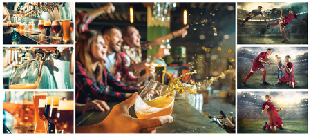 sport, people, leisure, friendship and entertainment concept - happy football fans or male friends drinking beer and celebrating victory at bar or pubの写真素材