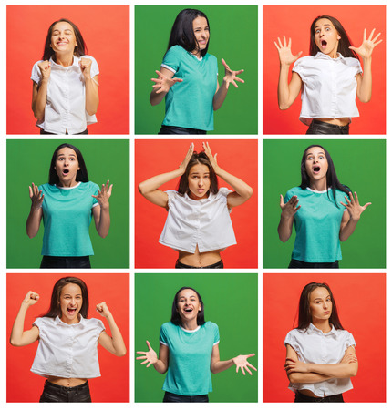 Collage about surprised, smiling and happy beautiful woman. Human different emotions and facial expression conceptの写真素材