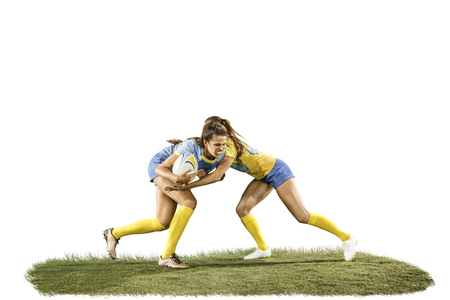 The young female rugby players isolated on white backroundの写真素材