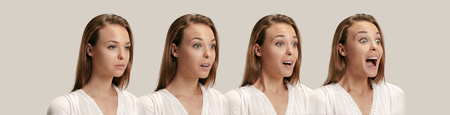Wow. Collage about development of emotion. Stages of surprise. Female portrait isolated on gray....