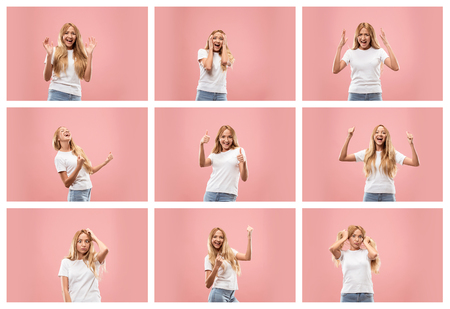 The collage of young womans portraits with different happy emotionsの写真素材