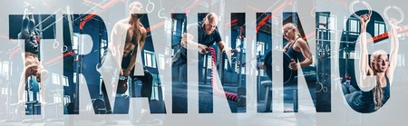 Collage about men with battle rope and woman in the fitness gym. The gym, sport, rope, training,...