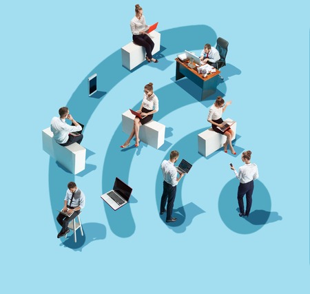 Conceptual image of business processes with businessman and businesswoman. Flat isometric view. Business, recruitment, human resources, communication, internet, teamwork and network concept. Miniature people. Collageの写真素材