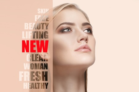 Portrait of face of young, healthy and beautiful woman with perfect skin. The plastic surgery, medicine, spa, cosmetics, lifting and visage conceptの写真素材