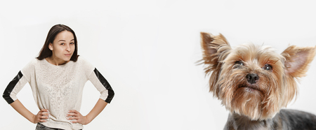 The happy smiling woman and her dog over white background. Yorkshire terrier at studio. The concept...