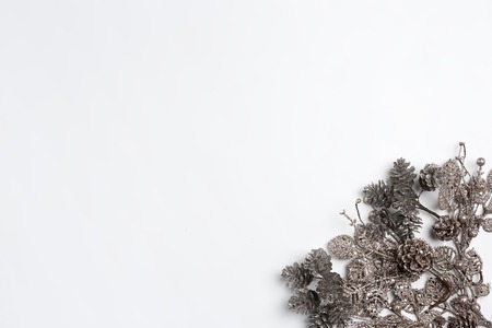 Christmas decorative composition of toys on a white tableの写真素材