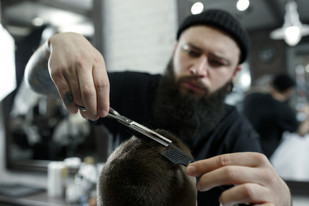 Children hairdresser cutting little boys hair. Contented cute preschooler boy getting the haircut.の写真素材
