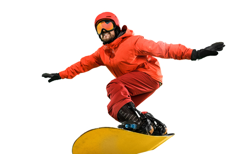 Portrait of young man in sportswear with snowboard isolated on a white studio background. The winter, sport, snowboarding, snowboarder, activity, extreme conceptの写真素材