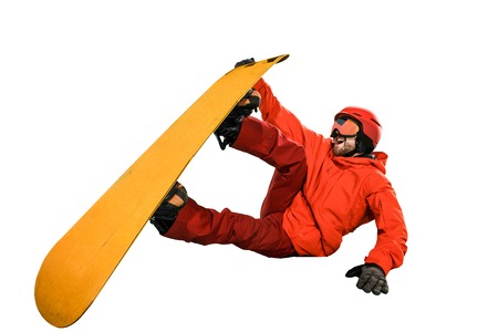 Portrait of young man in sportswear with snowboard isolated on a white studio background. The...
