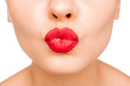 Sexy Lips. Beauty Red Lip Makeup Detail. Beautiful Make-up Closeup. Sensual Open Mouth. lipstick or Lipgloss. Kiss. Beauty Model Womans Face close-upの写真素材